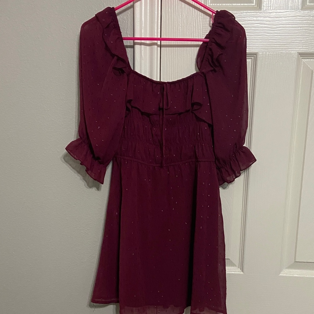 Wine Red Ruffle Square Neck Dress